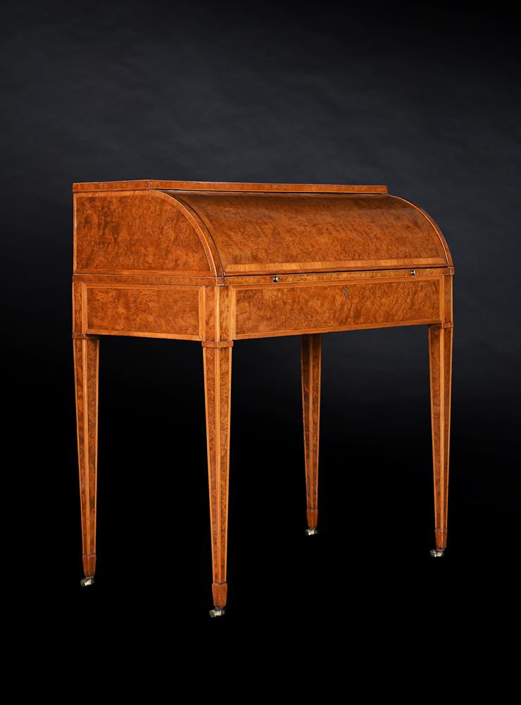 Y A GEORGE III BURR YEW AND TULIPWOOD CROSS BANDED CYLINDER DESK