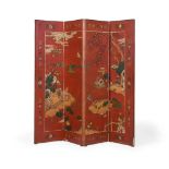 A SCARLET LACQUER AND GILT CHINOISERIE DECORATED FOUR-FOLD ROOM SCREEN