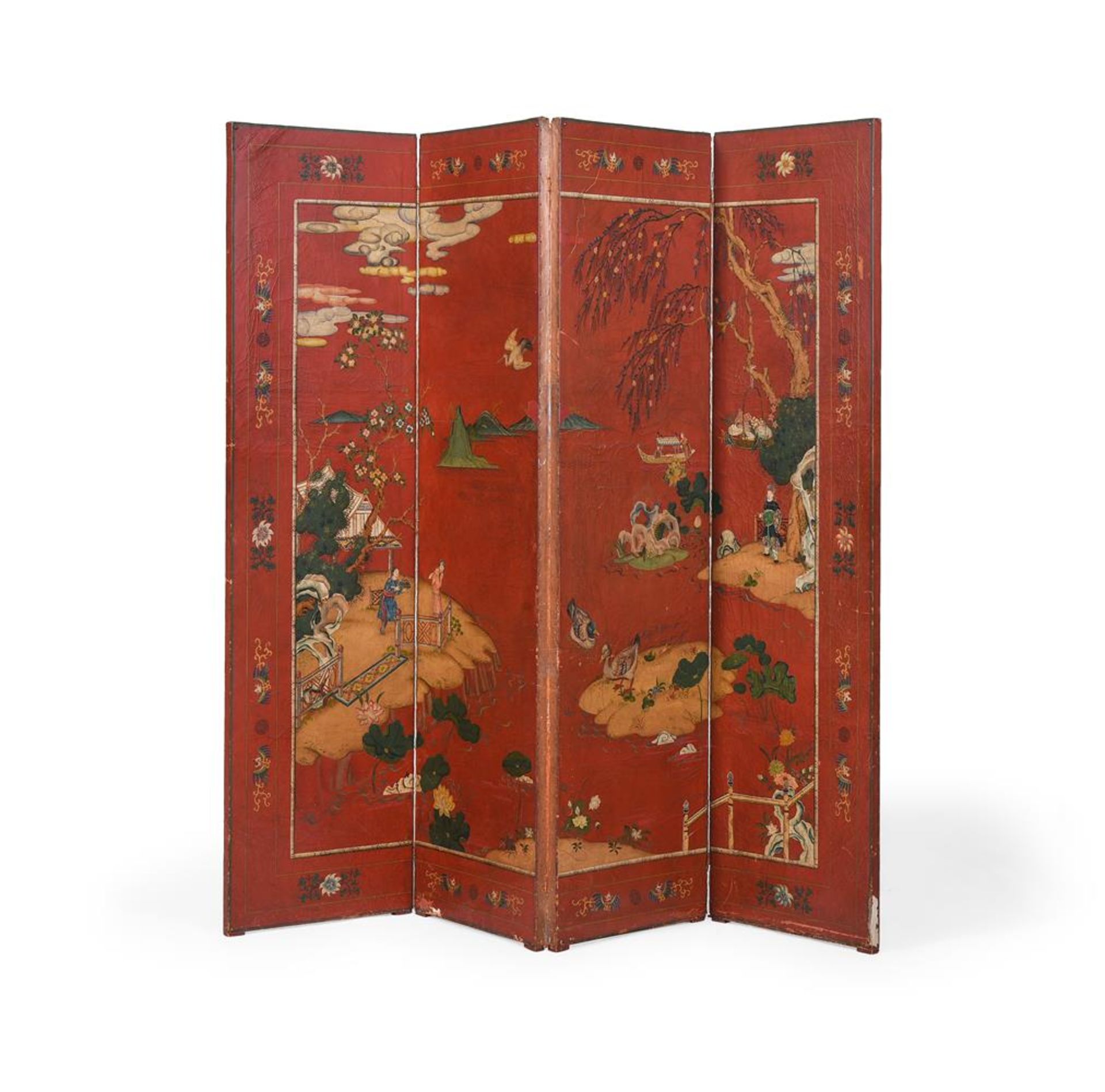 A SCARLET LACQUER AND GILT CHINOISERIE DECORATED FOUR-FOLD ROOM SCREEN