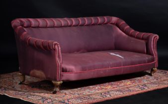 AN EARLY VICTORIAN GILTWOOD AND UPHOLSTERED SOFA