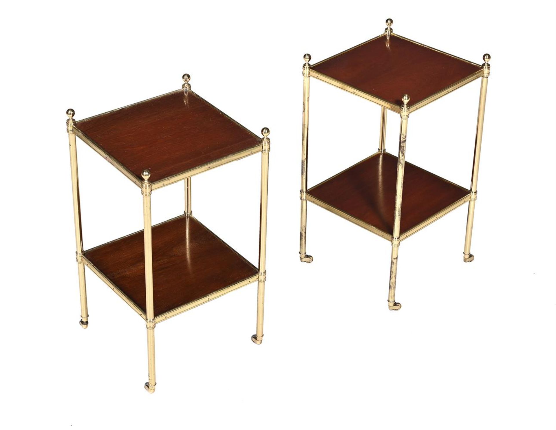 A PAIR OF MAHOGANY AND GILT METAL TWO-TIER ETAGERES, IN REGENCY STYLE, IN THE MANNER OF MALLETT
