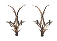 A PAIR OF DEER ANTLER AND COPPER WALL APPLIQUES
