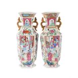 A PAIR OF CHINESE CANTONESE ENAMELLED PORCELAIN HEXAGONAL VASES