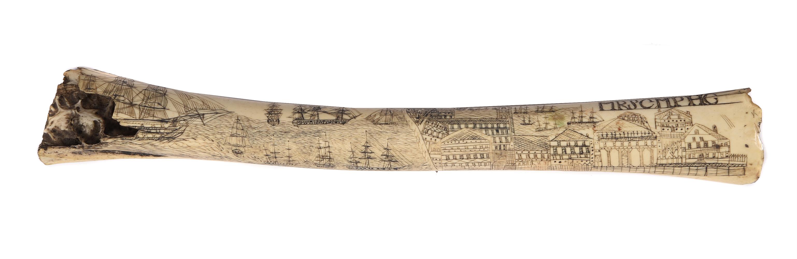 A MARINE SCRIMSHAW DECORATED BONE POSSIBLY NORTH EUROPEAN OR TURKISH