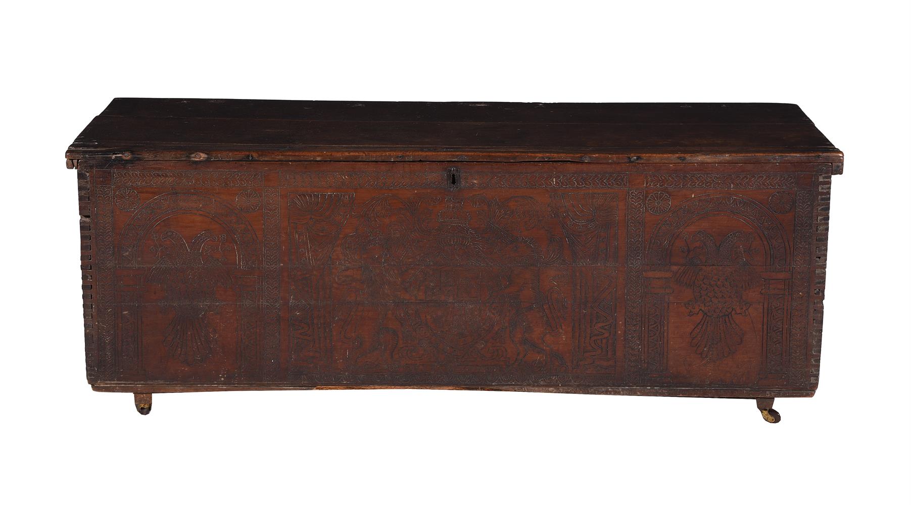 A CHARLES II CEDAR AND POKERWORK DECORATED COFFER, CIRCA 1680 AND LATER