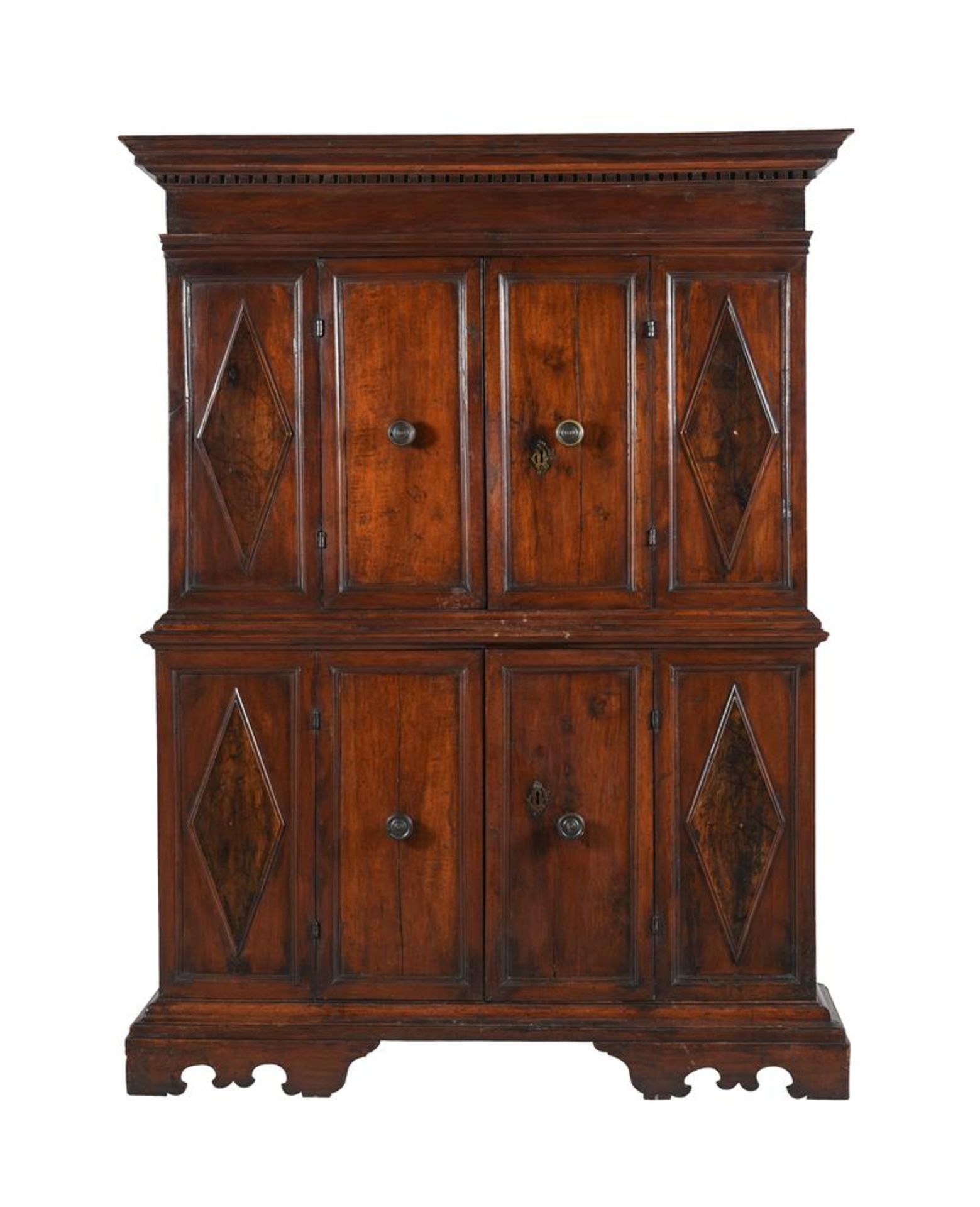 AN ITALIAN WALNUT AND CHESTNUT CABINET ON CHEST, 18TH CENTURY