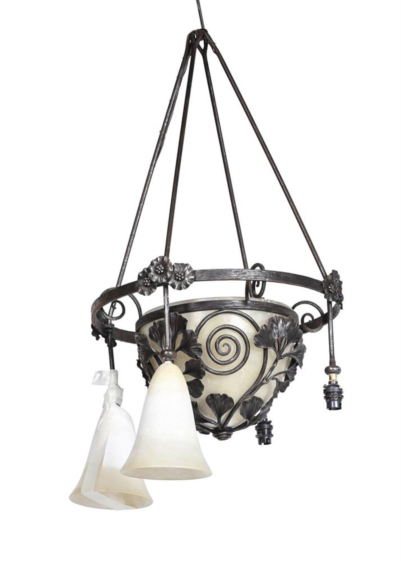 A WROUGHT METAL AND ALABASTER CEILING LIGHT, CIRCA 1925 - Image 3 of 4