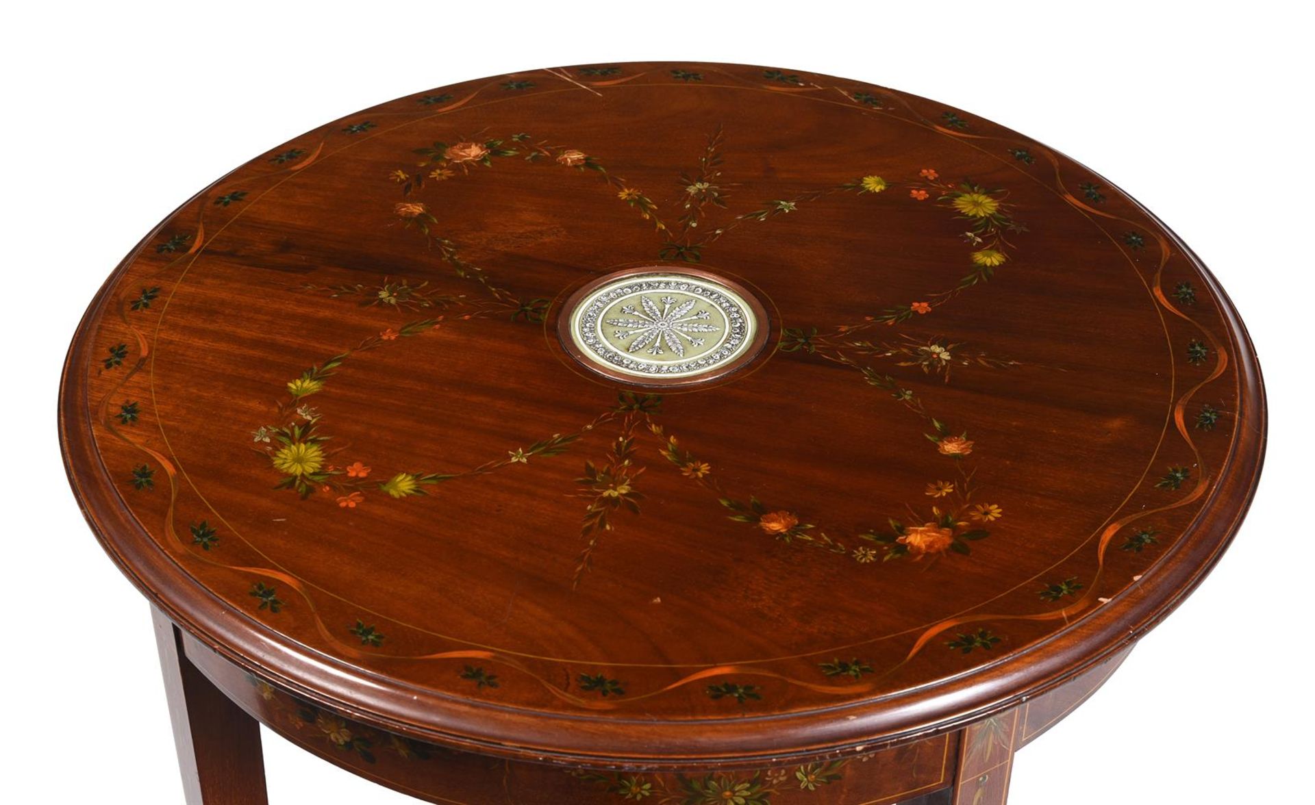 A POLYCHROME PAINTED AND PORCELAIN INSET MAHOGANY OCCASIONAL TABLE, IN SHERATON REVIVAL TASTE - Bild 2 aus 2