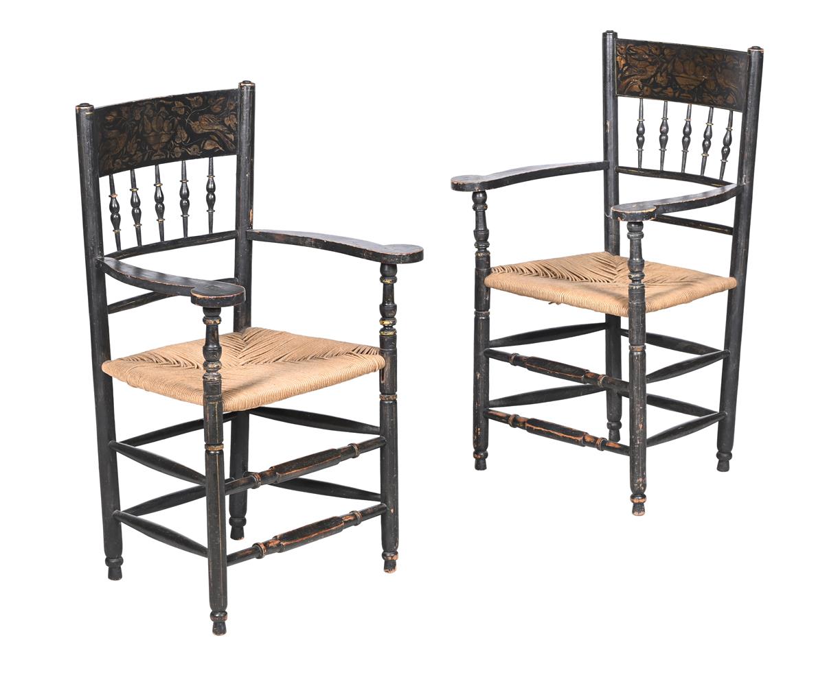 A PAIR OF AMERICAN EBONISED AND PARCEL GILT ARMCHAIRS, CIRCA 1880