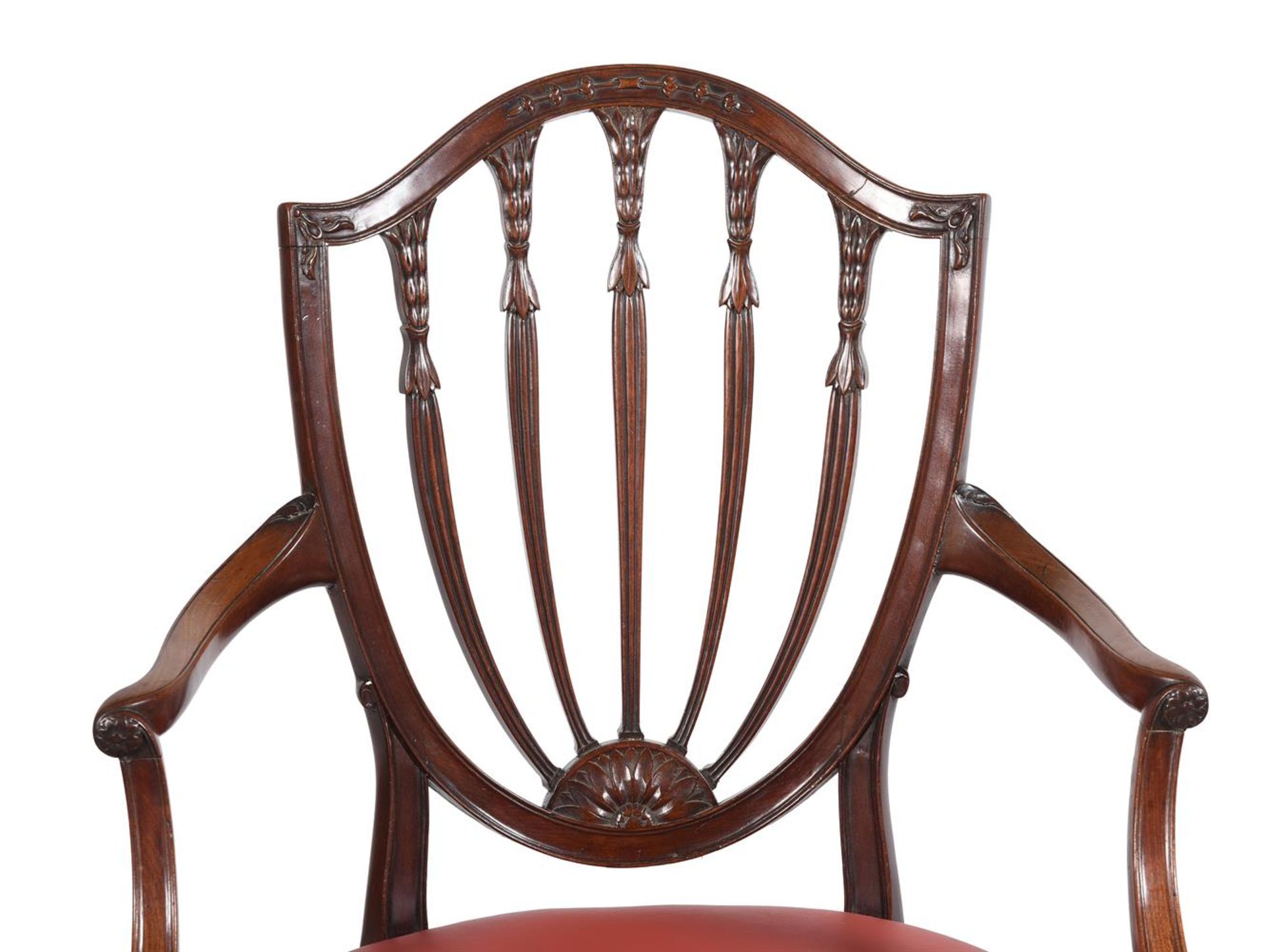 A PAIR OF GEORGE III MAHOGANY AND LEATHERETTE UPHOLSTERED ARMCHAIRS, CIRCA 1800 - Bild 2 aus 2