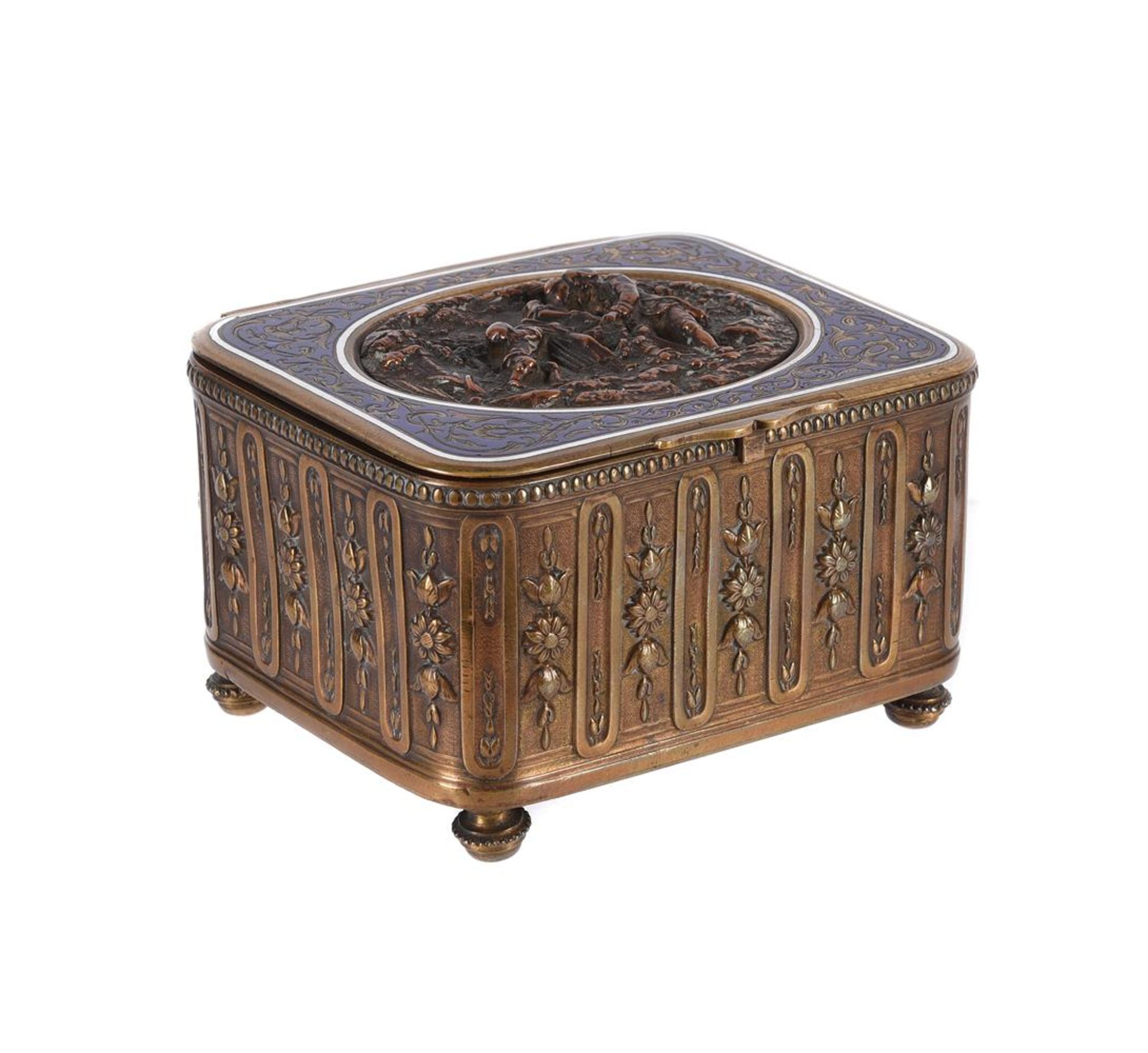A FRENCH CHAMPLEVE ENAMEL DECORATED MUSICAL BOX