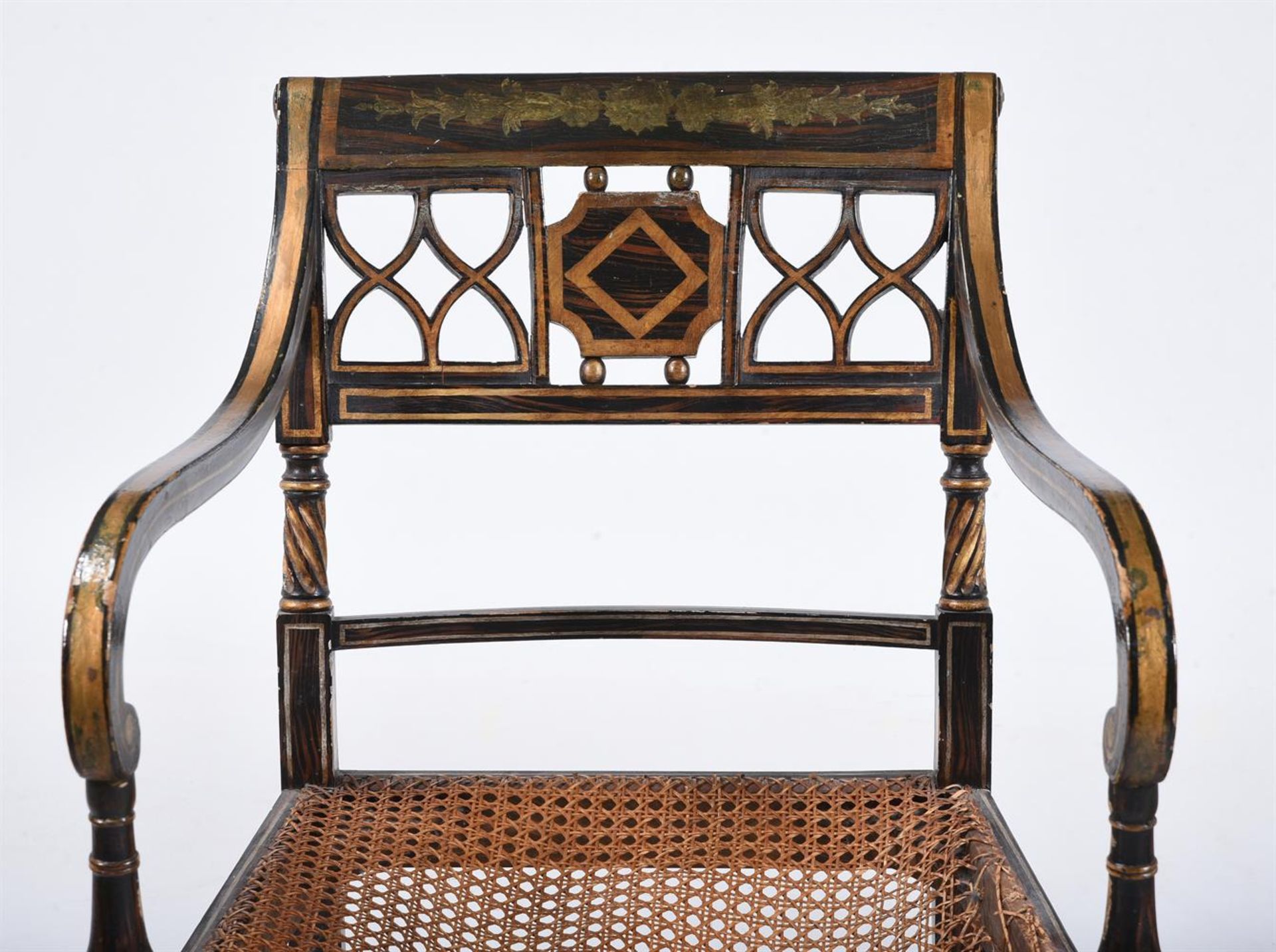 A SET OF FOUR PARCEL GILT AND PAINTED ARMCHAIRS IN REGENCY STYLE, 20TH CENTURY - Image 3 of 4