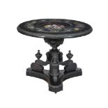AN EBONISED, METAL MOUNTED AND PORCELAIN INSET CENTRE TABLE IN LOUIS XVI STYLE, 20TH CENTURY