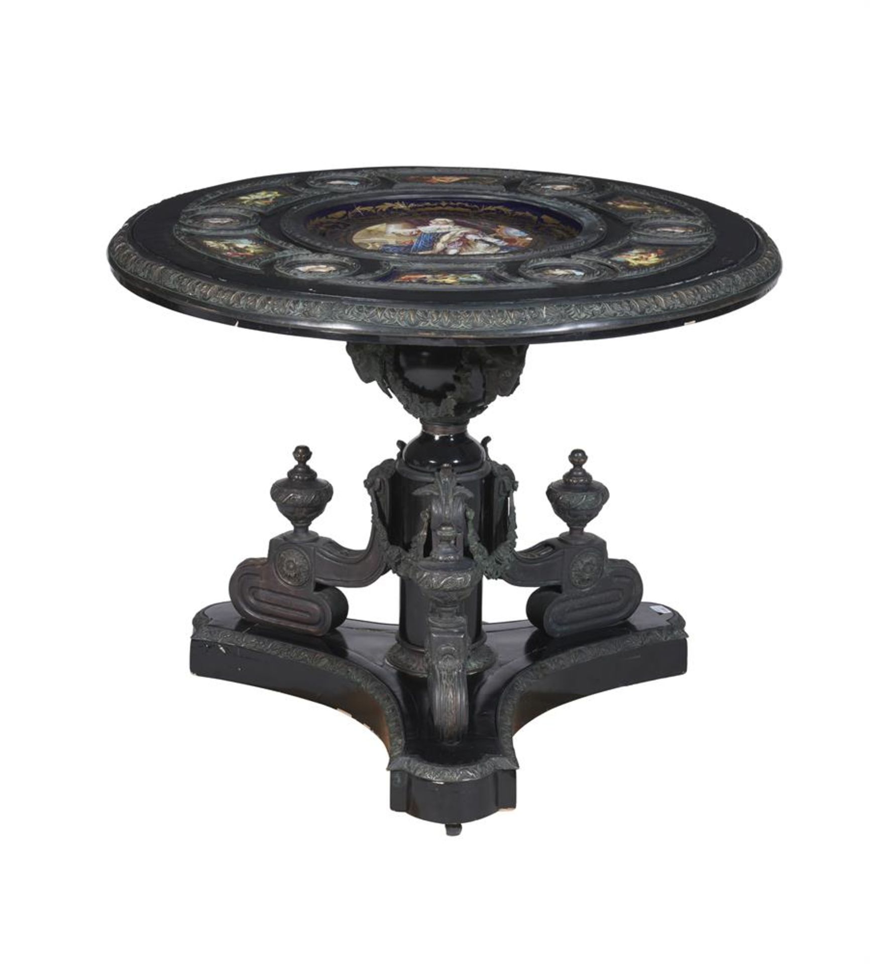AN EBONISED, METAL MOUNTED AND PORCELAIN INSET CENTRE TABLE IN LOUIS XVI STYLE, 20TH CENTURY