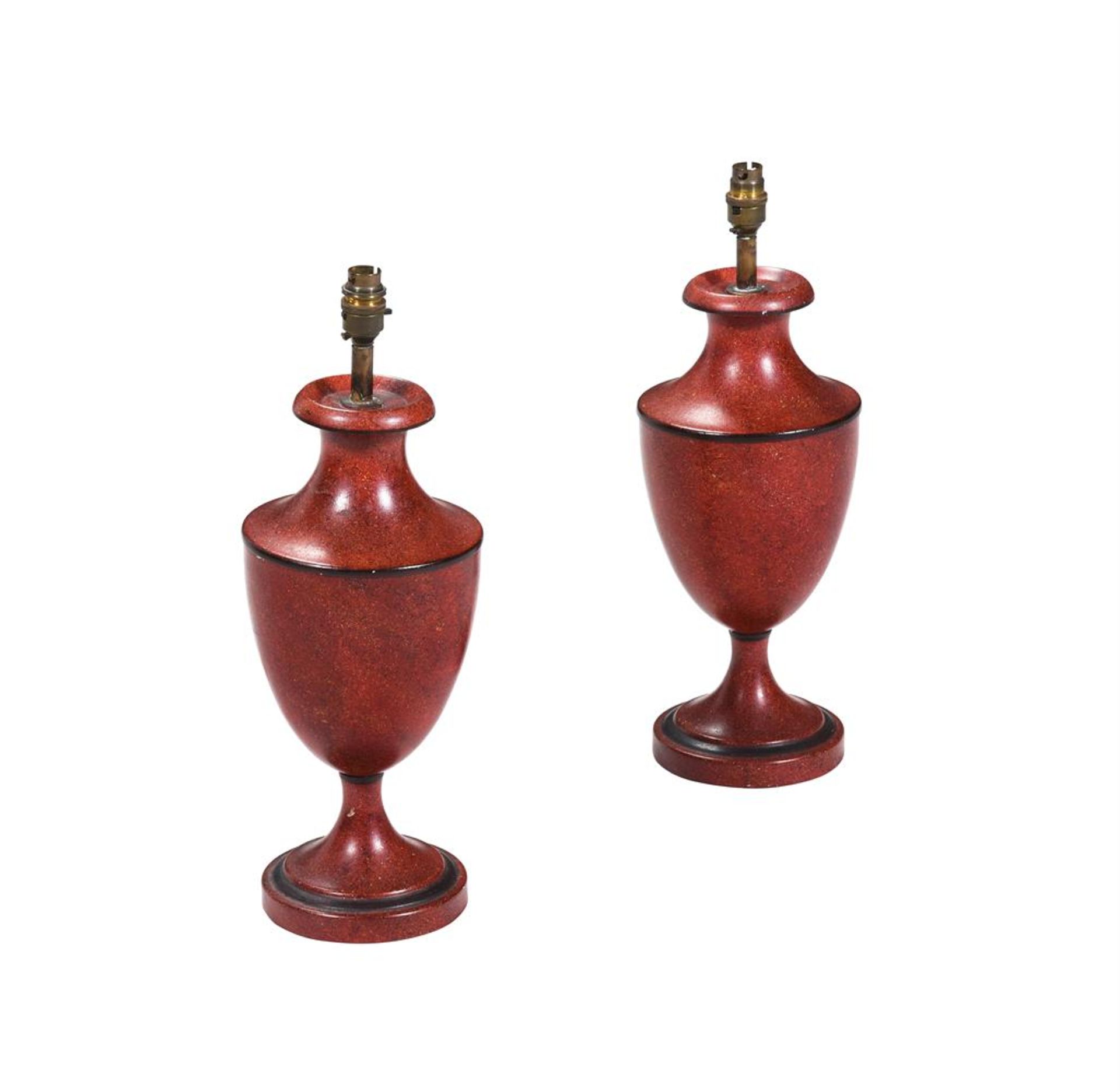 A PAIR OF RED PAINTED TINWARE TABLE LAMPS