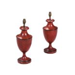 A PAIR OF RED PAINTED TINWARE TABLE LAMPS