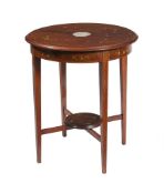 A POLYCHROME PAINTED AND PORCELAIN INSET MAHOGANY OCCASIONAL TABLE, IN SHERATON REVIVAL TASTE