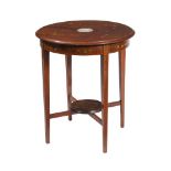 A POLYCHROME PAINTED AND PORCELAIN INSET MAHOGANY OCCASIONAL TABLE, IN SHERATON REVIVAL TASTE