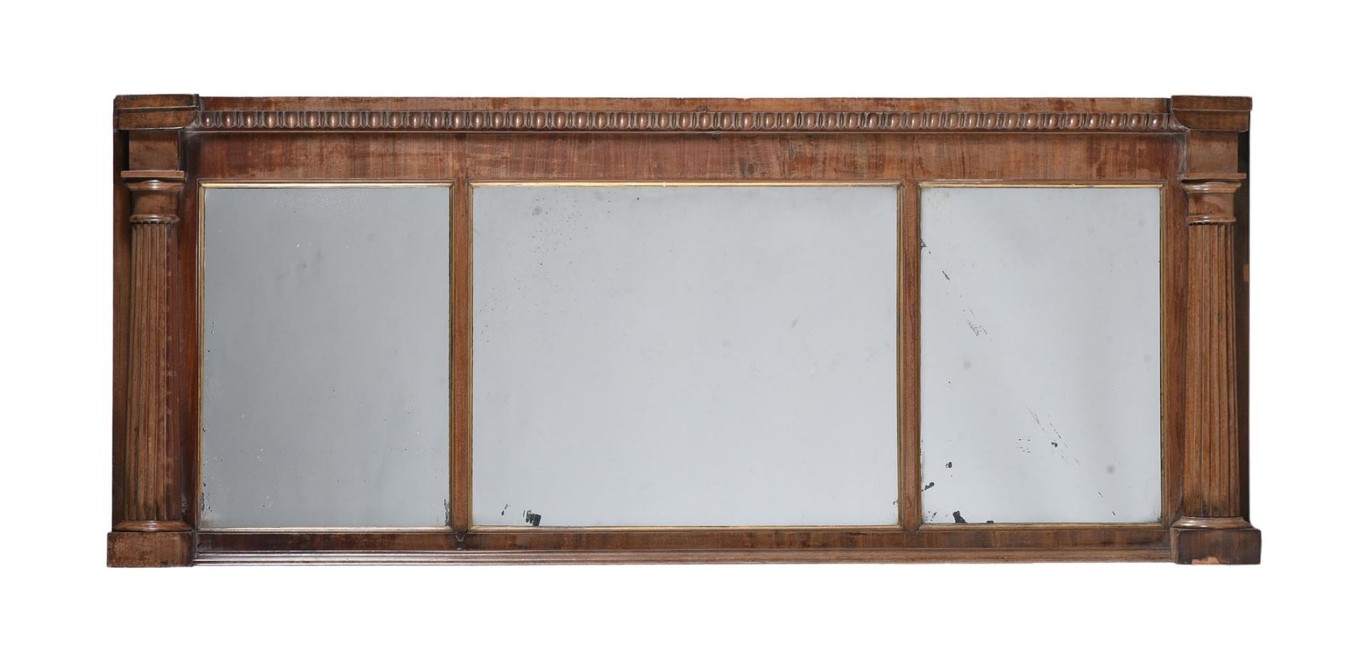 A MAHOGANY AND PARCEL GILT TRIPTYCH OVERMANTLE MIRROR, 19TH CENTURY