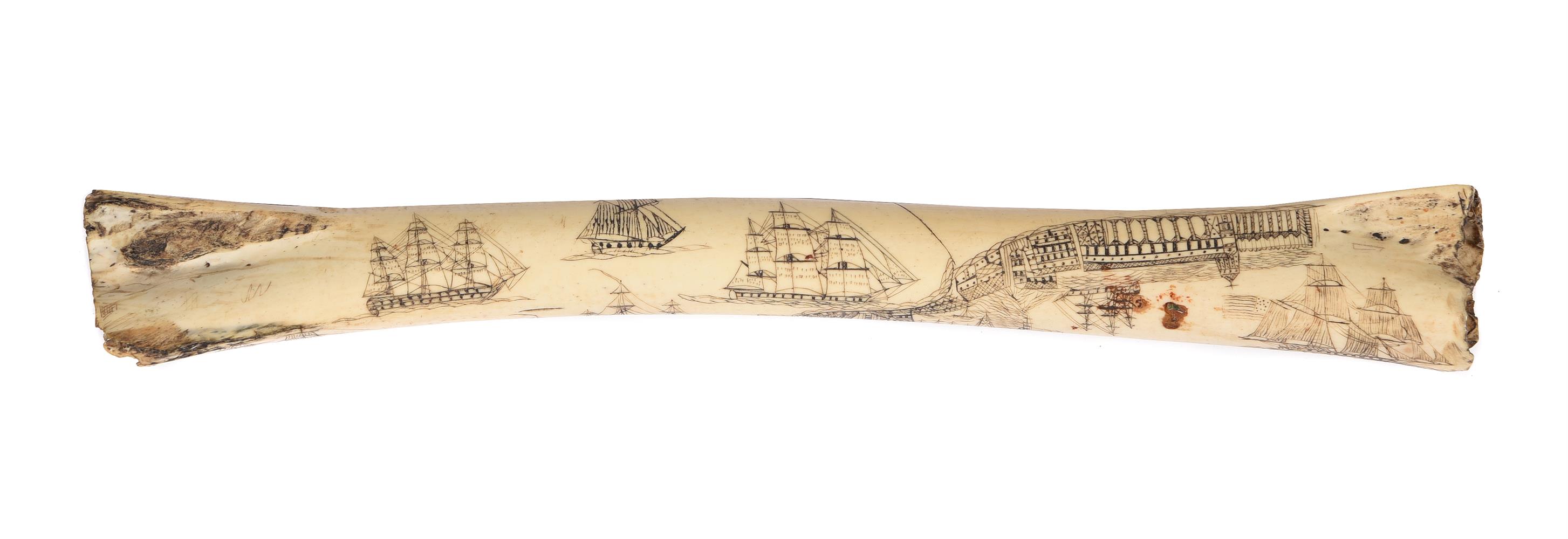 A MARINE SCRIMSHAW DECORATED BONE POSSIBLY NORTH EUROPEAN OR TURKISH - Image 2 of 2