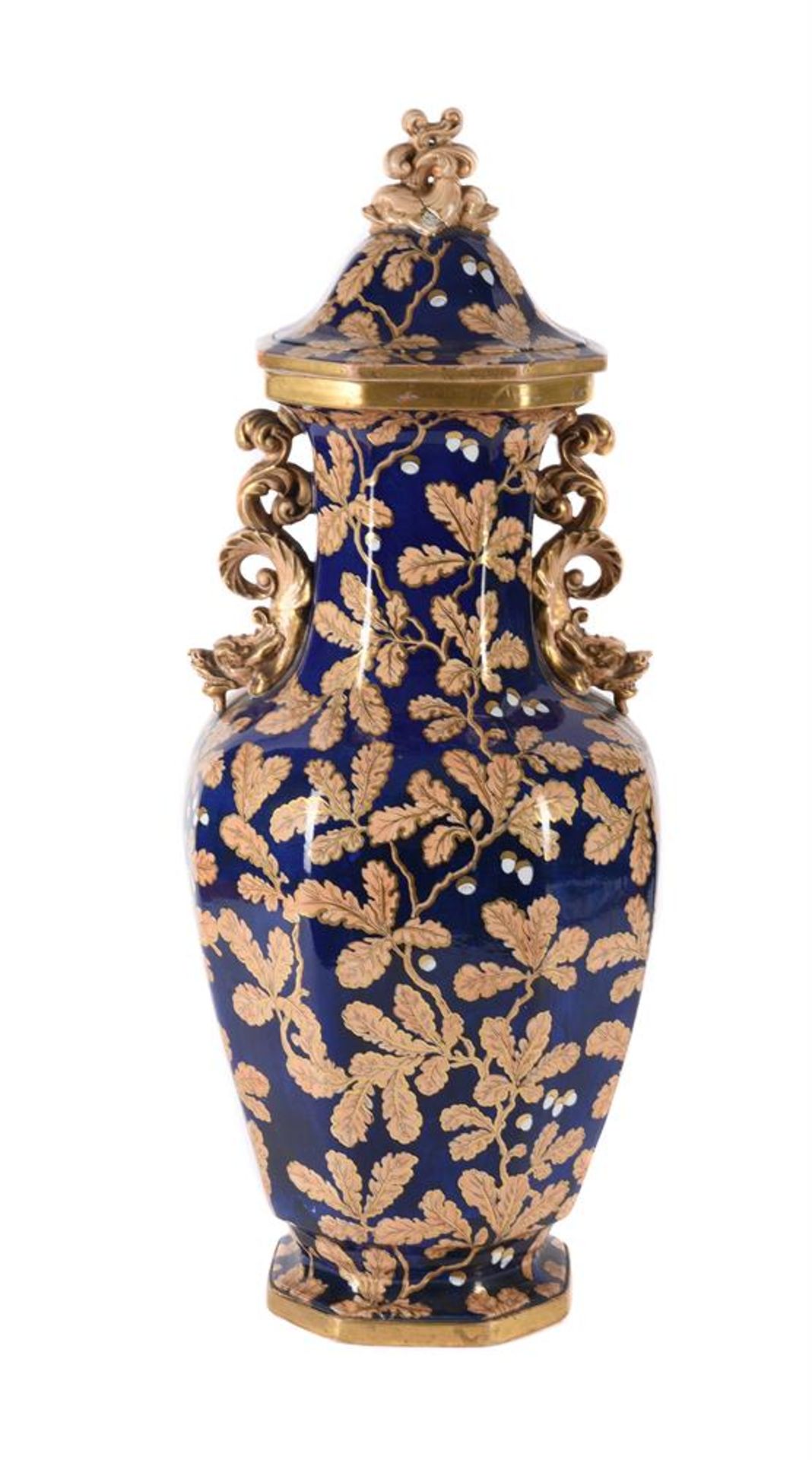 A MASON'S IRONSTONE OCTAGONAL SECTION TWO-HANDLED VASE AND COVER