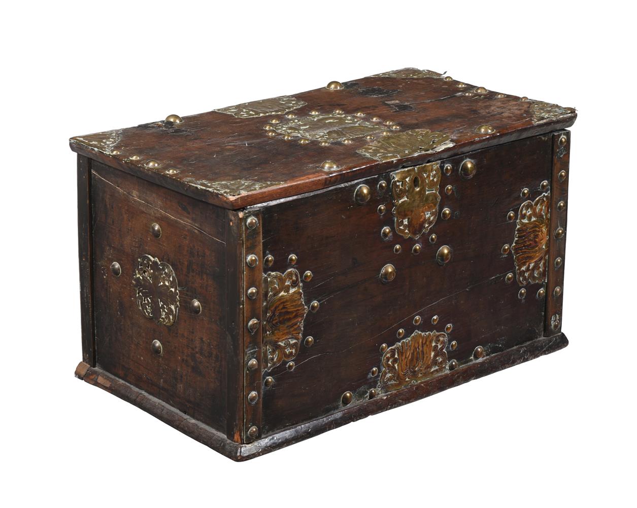 A HARDWOOD AND GILT METAL MOUNTED TRUNK OF ZANZIBAR TYPE