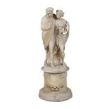A SCULPTED ALABASTER FIGURAL GROUP OF TWO MAIDENS