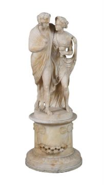 A SCULPTED ALABASTER FIGURAL GROUP OF TWO MAIDENS