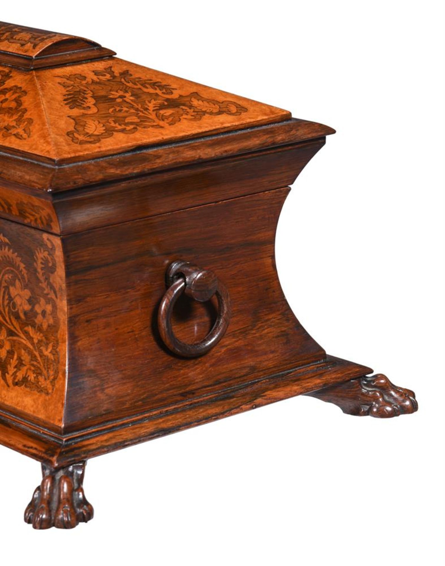 Y A GEORGE IV ROSEWOOD AND AMBOYNA MARQUETRY INLAID TEA CADDY - Image 3 of 4