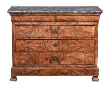A LOUIS PHILLIPE BURR WALNUT AND MARBLE TOPPED COMMODE, 19TH CENTURY