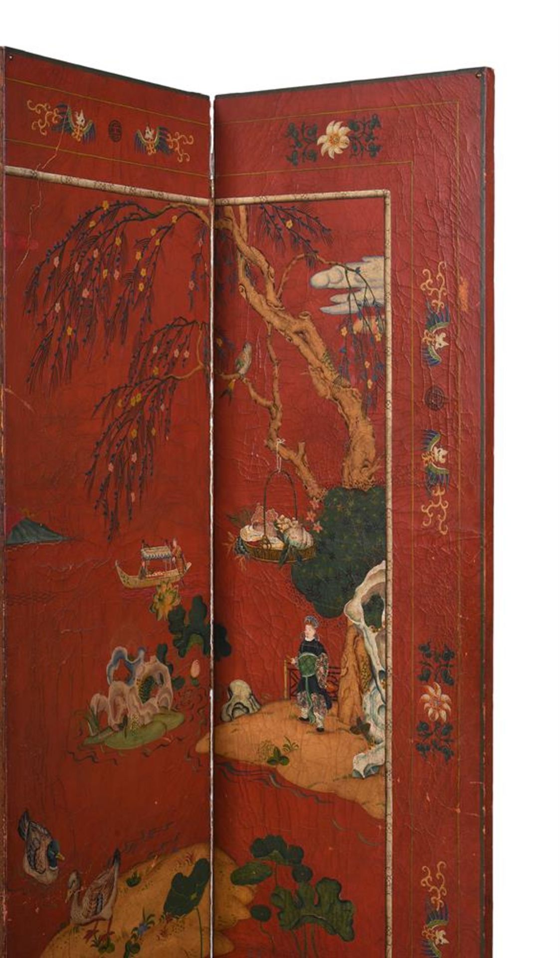 A SCARLET LACQUER AND GILT CHINOISERIE DECORATED FOUR-FOLD ROOM SCREEN - Image 3 of 6