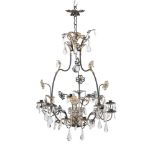 A WROUGHT IRON, GILT METAL AND GLASS TWELVE LIGHT CHANDELIER