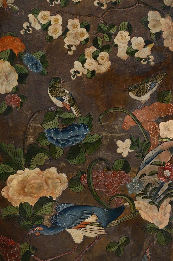 A LEATHER AND POLYCHROME PAINTED FOUR-FOLD SCREEN - Image 3 of 8