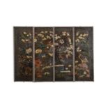 A LEATHER AND POLYCHROME PAINTED FOUR-FOLD SCREEN