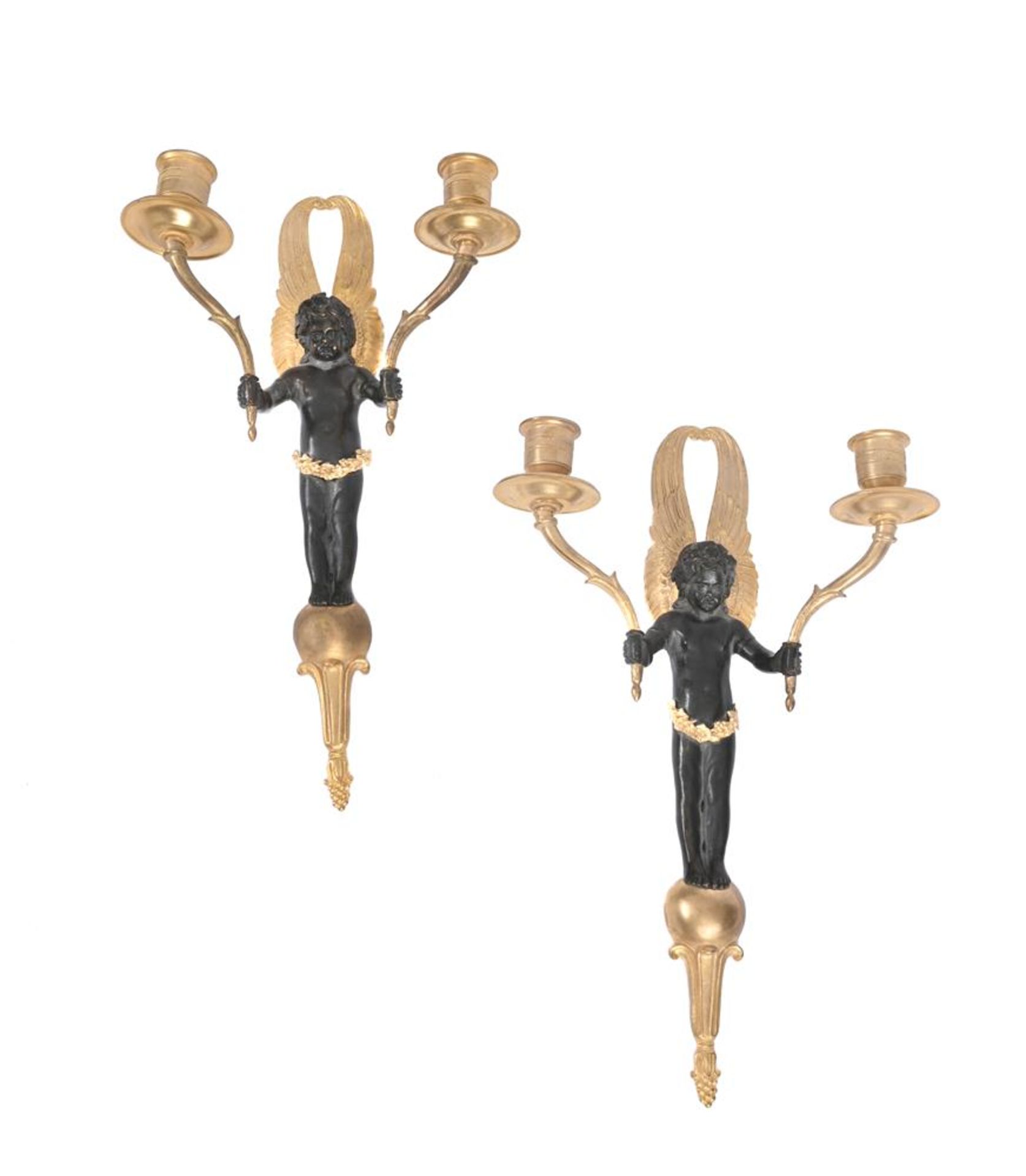 A PAIR OF BRONZE AND GILT METAL, TWIN-BRANCH FIGURAL CANDELABRA - Image 3 of 3