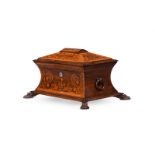 Y A GEORGE IV ROSEWOOD AND AMBOYNA MARQUETRY INLAID TEA CADDY