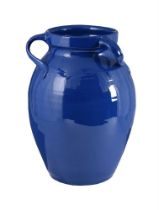 A LARGE BRANNAM BLUE-GLAZE RED POTTERY THREE-HANDLED VASE