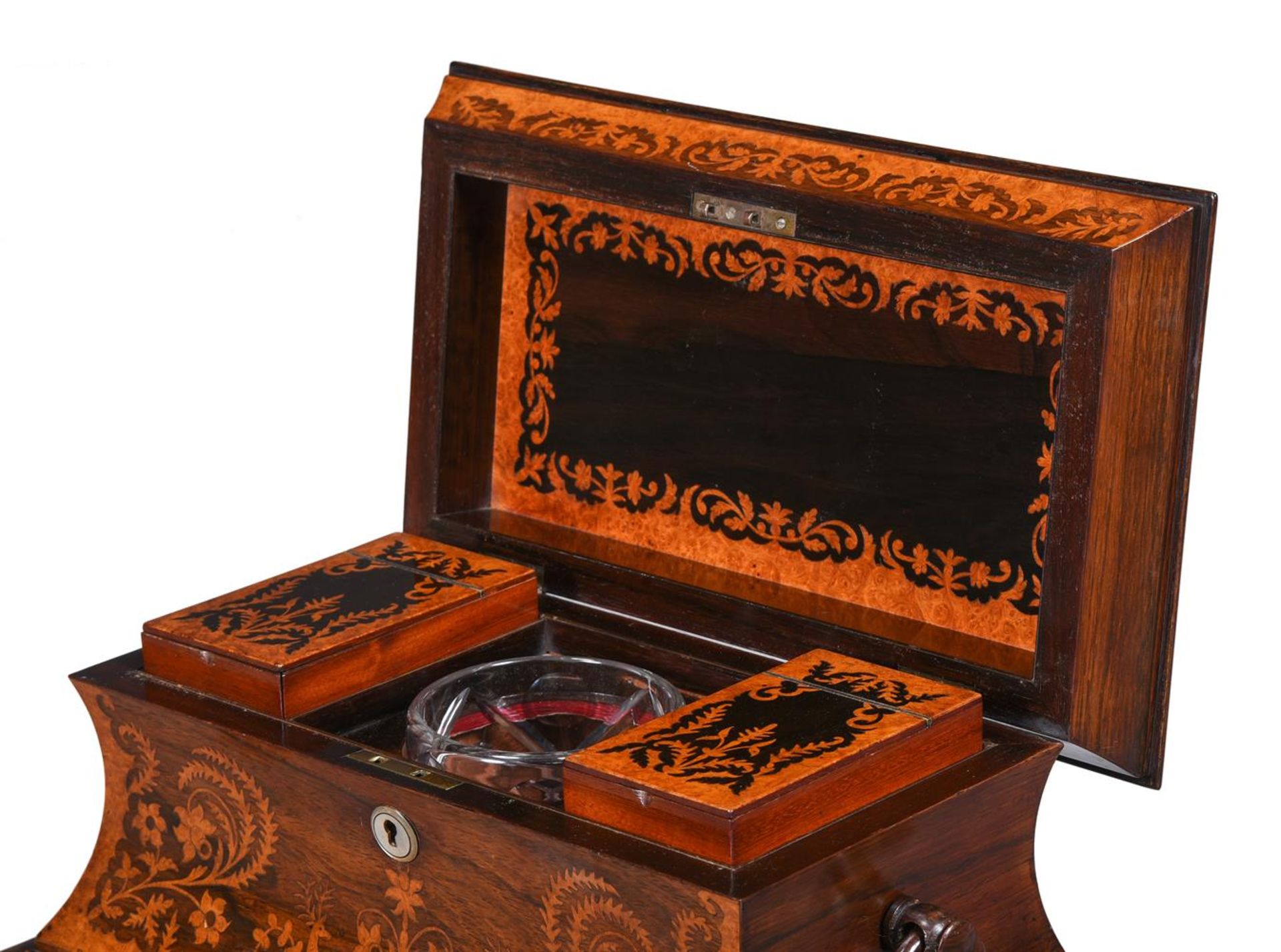 Y A GEORGE IV ROSEWOOD AND AMBOYNA MARQUETRY INLAID TEA CADDY - Image 4 of 4