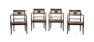 A SET OF FOUR PARCEL GILT AND PAINTED ARMCHAIRS IN REGENCY STYLE, 20TH CENTURY