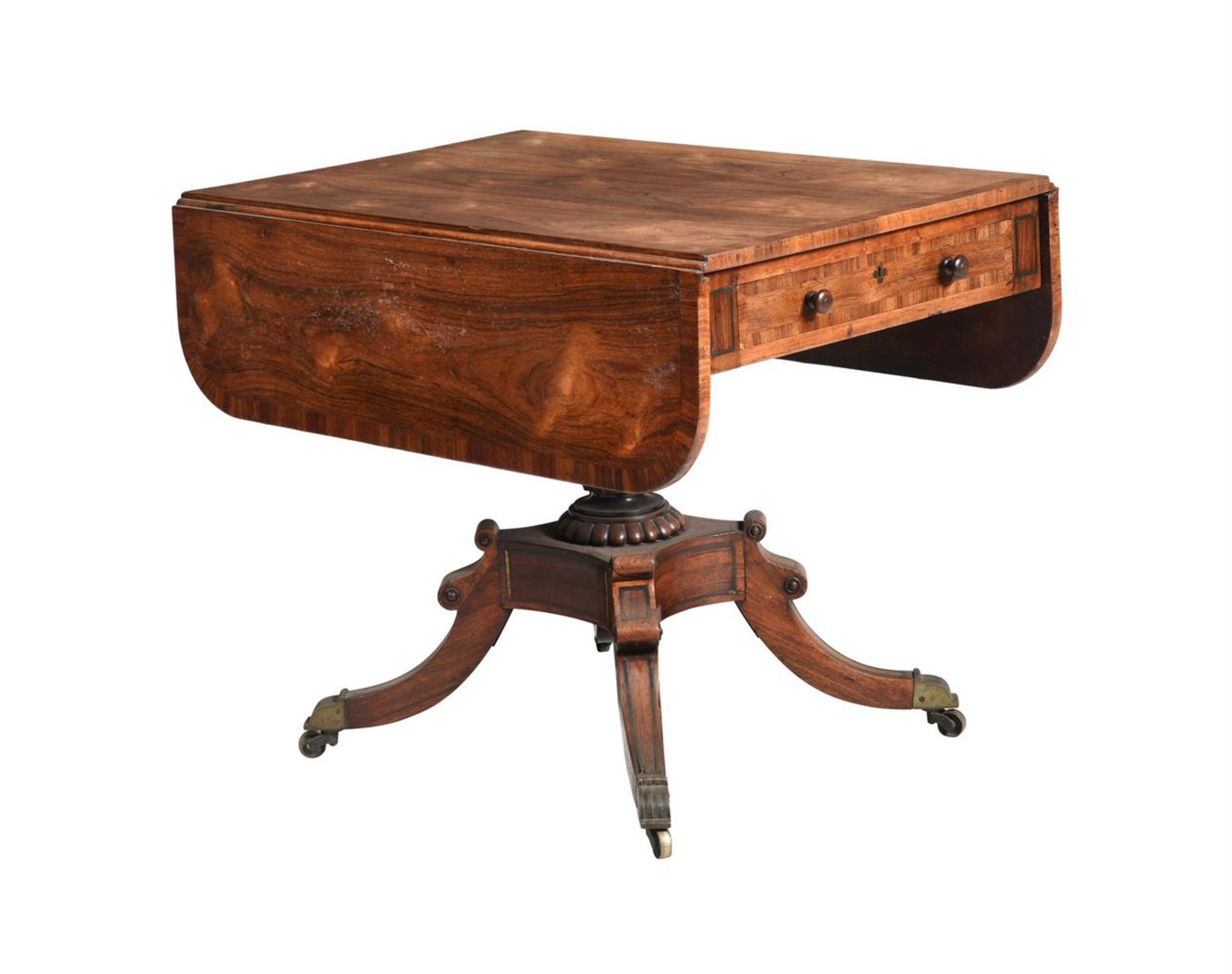 Y A REGENCY ROSEWOOD AND CROSSBANDED PEDESTAL TABLE