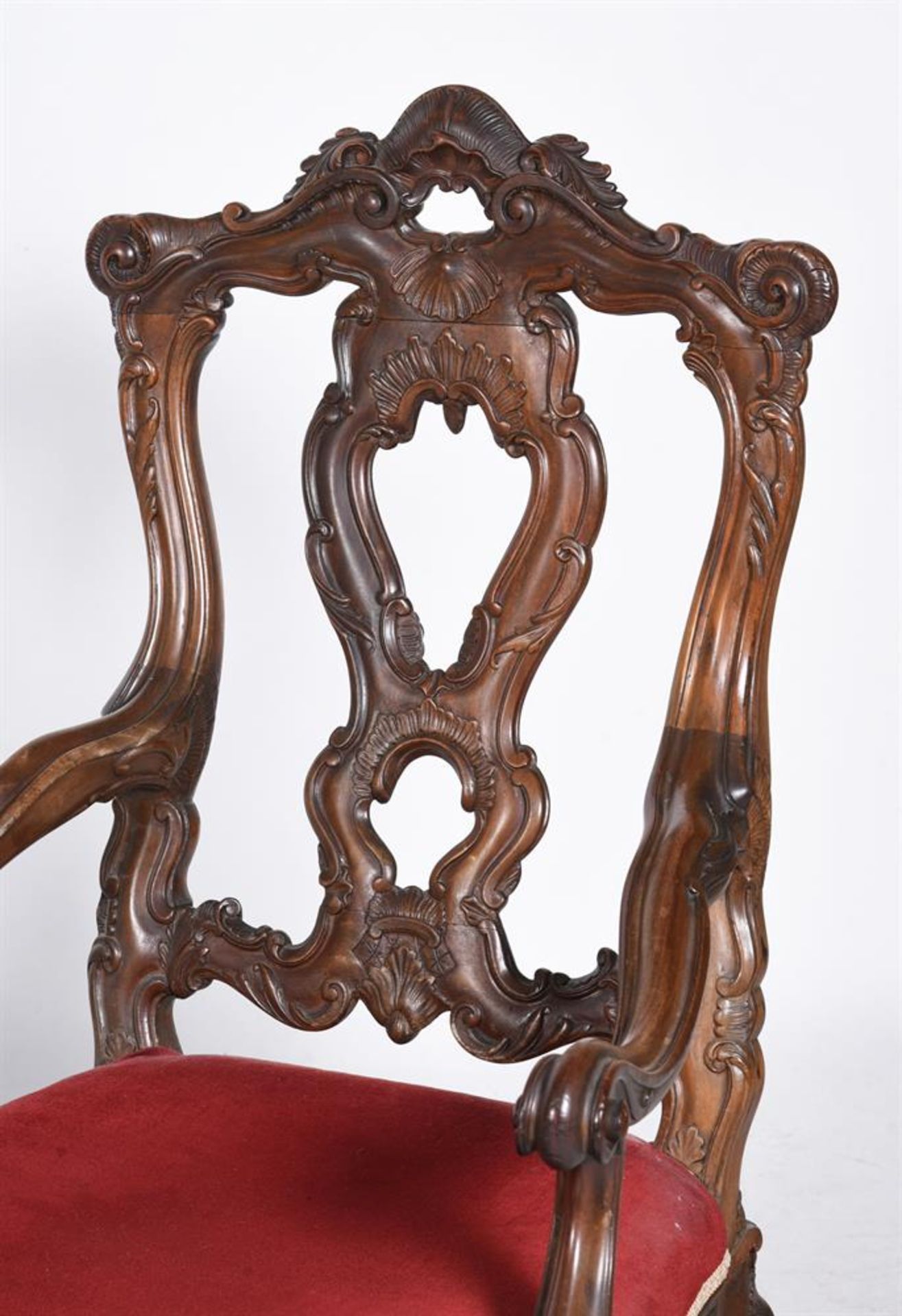 A PAIR OF IBERIAN CARVED WALNUT OPEN ARMCHAIRS IN 18TH CENTURY STYLE - Image 2 of 2