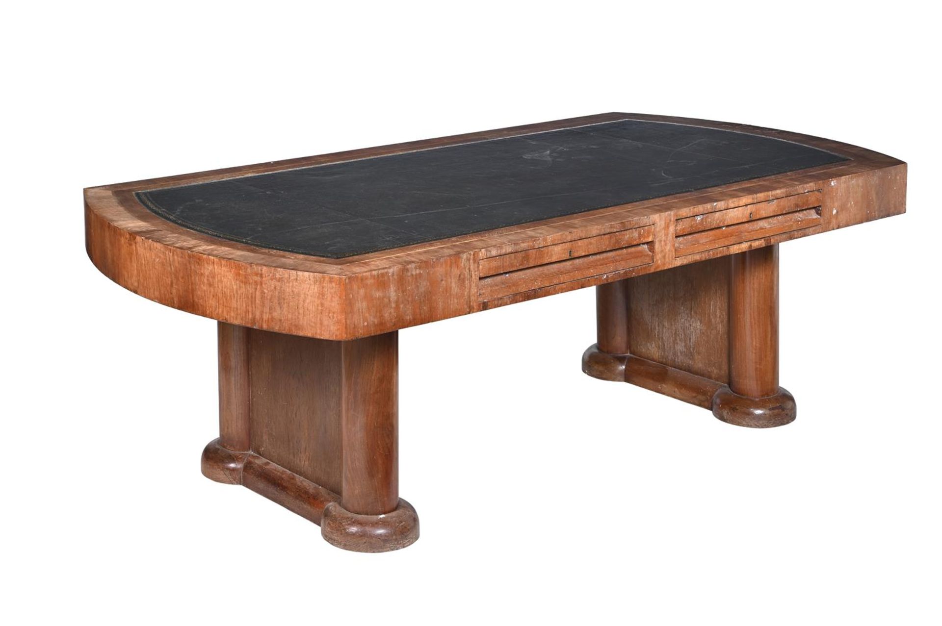 AN ART DECO OAK OVAL PEDESTAL DESK, CIRCA 1930