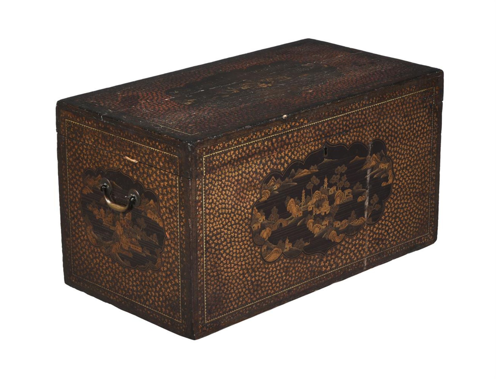 A CHINESE EXPORT BLACK LACQUER AND GILT DECORATED CHEST, LATE 18TH OR EARLY 19TH CENTURY