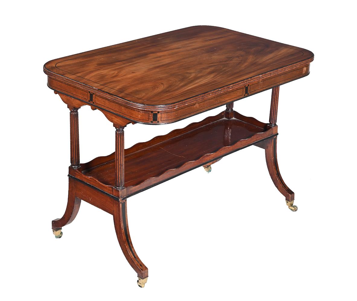 Y A REGENCY MAHOGANY AND EBONY INALID TWO TIER TABLE