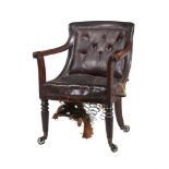 A GEORGE IV MAHOGANY AND LEATHER UPHOLSTERED LIBRARY ARMCHAIR, CIRCA 1830