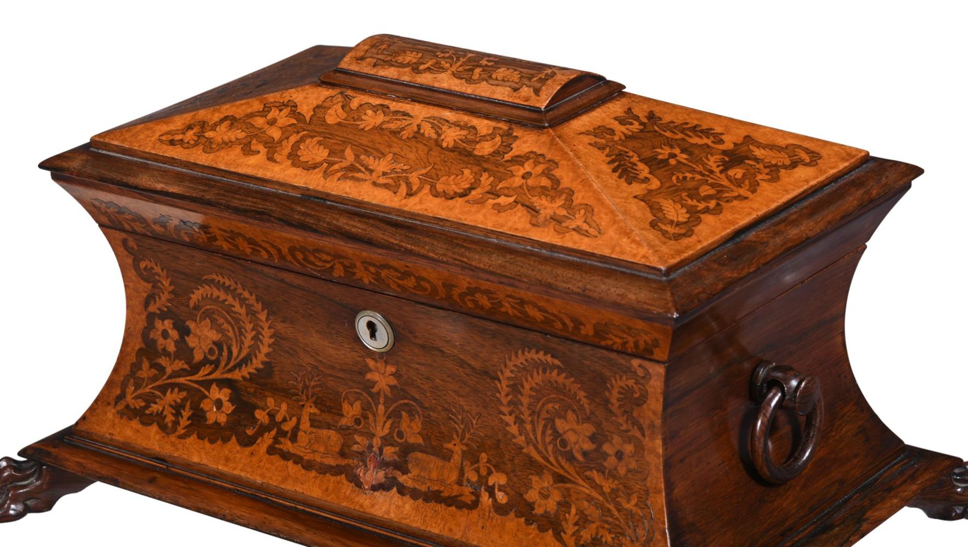 Y A GEORGE IV ROSEWOOD AND AMBOYNA MARQUETRY INLAID TEA CADDY - Image 2 of 4