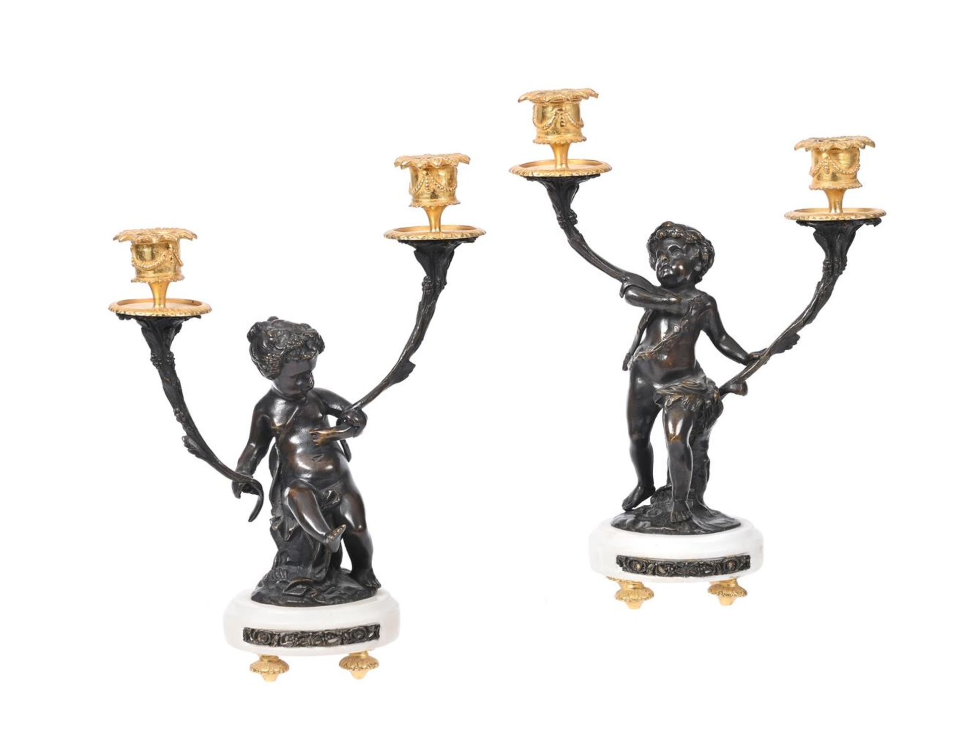 A PAIR OF BRONZE AND GILT METAL, TWIN-BRANCH FIGURAL CANDELABRA - Image 2 of 3