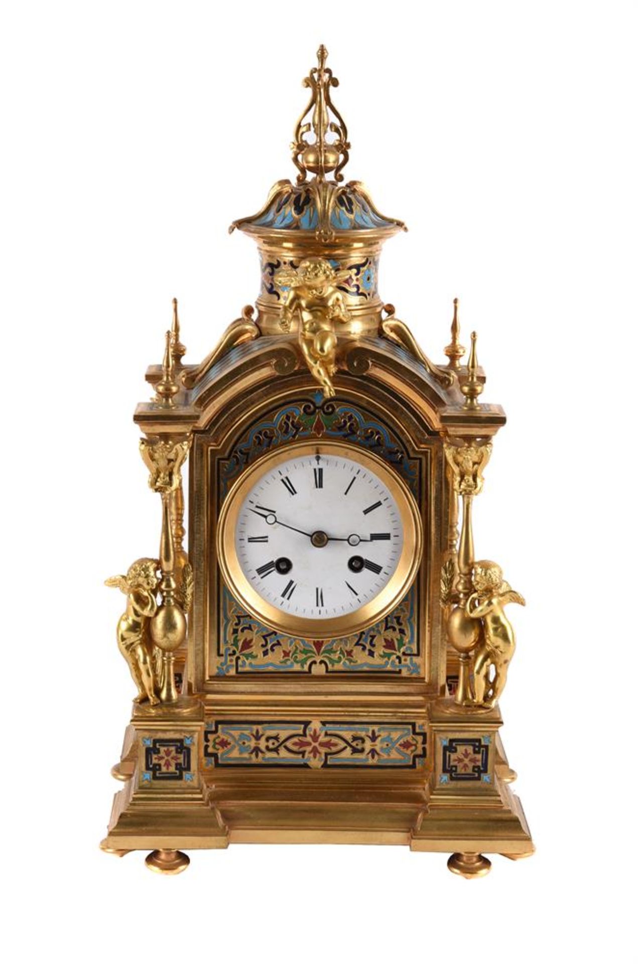 A FRENCH GILT METAL AND CHAMPLEVE ENAMEL MANTEL CLOCK, LATE 19TH CENTURY