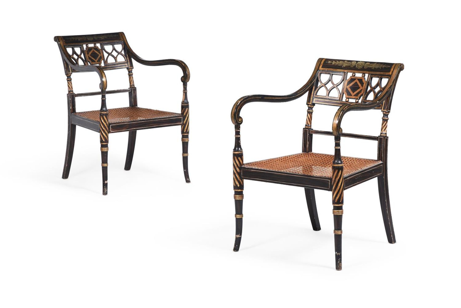 A SET OF FOUR PARCEL GILT AND PAINTED ARMCHAIRS IN REGENCY STYLE, 20TH CENTURY - Bild 2 aus 4