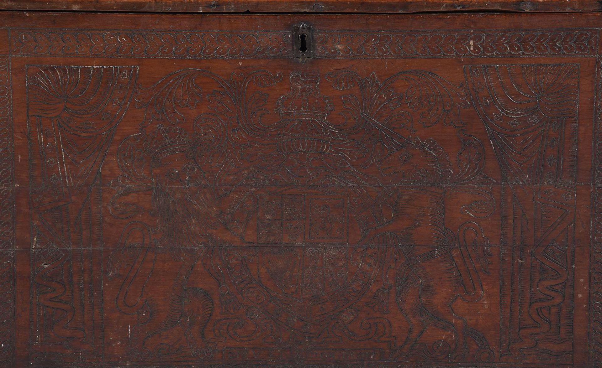 A CHARLES II CEDAR AND POKERWORK DECORATED COFFER, CIRCA 1680 AND LATER - Image 2 of 2